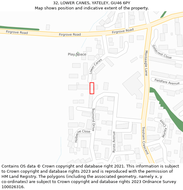 32, LOWER CANES, YATELEY, GU46 6PY: Location map and indicative extent of plot