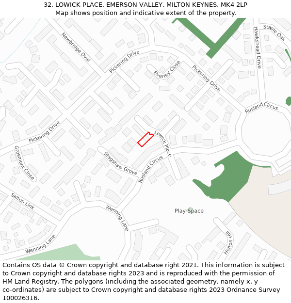 32, LOWICK PLACE, EMERSON VALLEY, MILTON KEYNES, MK4 2LP: Location map and indicative extent of plot