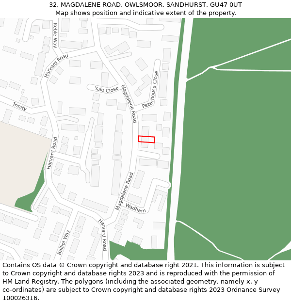 32, MAGDALENE ROAD, OWLSMOOR, SANDHURST, GU47 0UT: Location map and indicative extent of plot