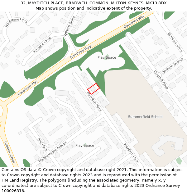 32, MAYDITCH PLACE, BRADWELL COMMON, MILTON KEYNES, MK13 8DX: Location map and indicative extent of plot