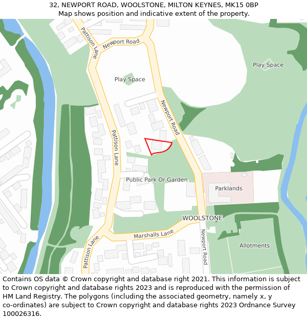 32, NEWPORT ROAD, WOOLSTONE, MILTON KEYNES, MK15 0BP: Location map and indicative extent of plot