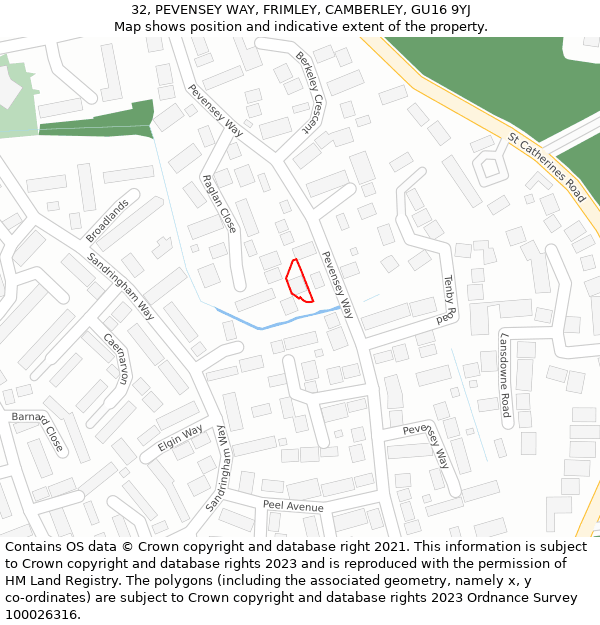 32, PEVENSEY WAY, FRIMLEY, CAMBERLEY, GU16 9YJ: Location map and indicative extent of plot