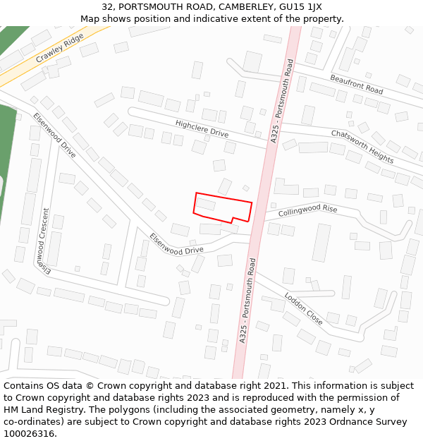 32, PORTSMOUTH ROAD, CAMBERLEY, GU15 1JX: Location map and indicative extent of plot