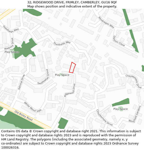 32, RIDGEWOOD DRIVE, FRIMLEY, CAMBERLEY, GU16 9QF: Location map and indicative extent of plot