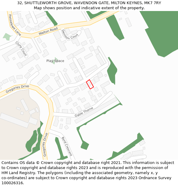 32, SHUTTLEWORTH GROVE, WAVENDON GATE, MILTON KEYNES, MK7 7RY: Location map and indicative extent of plot