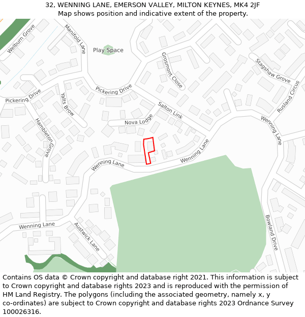 32, WENNING LANE, EMERSON VALLEY, MILTON KEYNES, MK4 2JF: Location map and indicative extent of plot