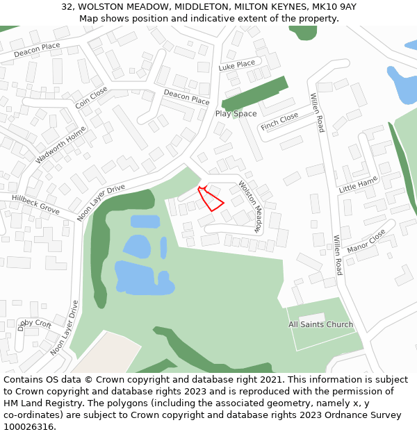 32, WOLSTON MEADOW, MIDDLETON, MILTON KEYNES, MK10 9AY: Location map and indicative extent of plot