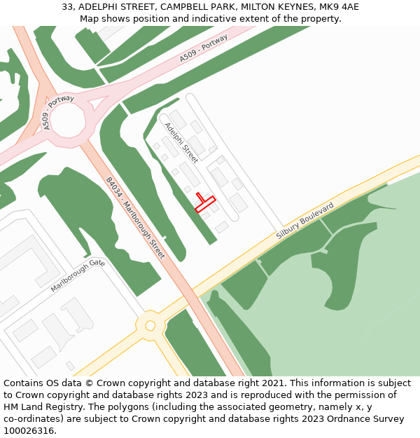 33, ADELPHI STREET, CAMPBELL PARK, MILTON KEYNES, MK9 4AE: Location map and indicative extent of plot