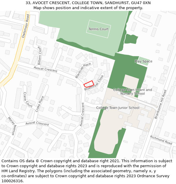 33, AVOCET CRESCENT, COLLEGE TOWN, SANDHURST, GU47 0XN: Location map and indicative extent of plot