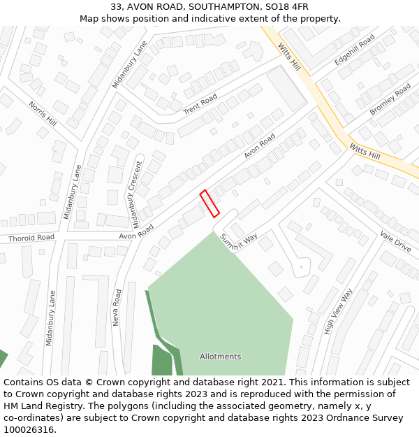 33, AVON ROAD, SOUTHAMPTON, SO18 4FR: Location map and indicative extent of plot