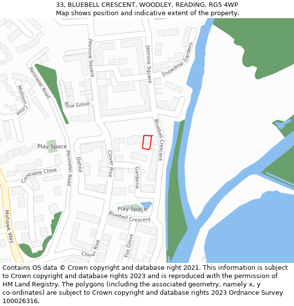 33, BLUEBELL CRESCENT, WOODLEY, READING, RG5 4WP: Location map and indicative extent of plot