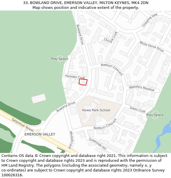 33, BOWLAND DRIVE, EMERSON VALLEY, MILTON KEYNES, MK4 2DN: Location map and indicative extent of plot