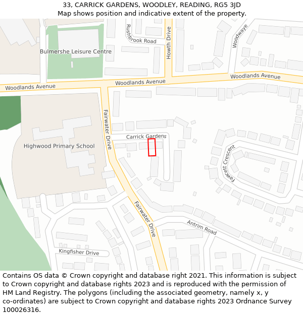 33, CARRICK GARDENS, WOODLEY, READING, RG5 3JD: Location map and indicative extent of plot