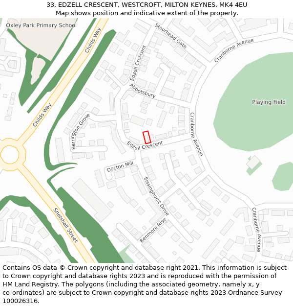 33, EDZELL CRESCENT, WESTCROFT, MILTON KEYNES, MK4 4EU: Location map and indicative extent of plot