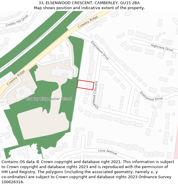 33, ELSENWOOD CRESCENT, CAMBERLEY, GU15 2BA: Location map and indicative extent of plot