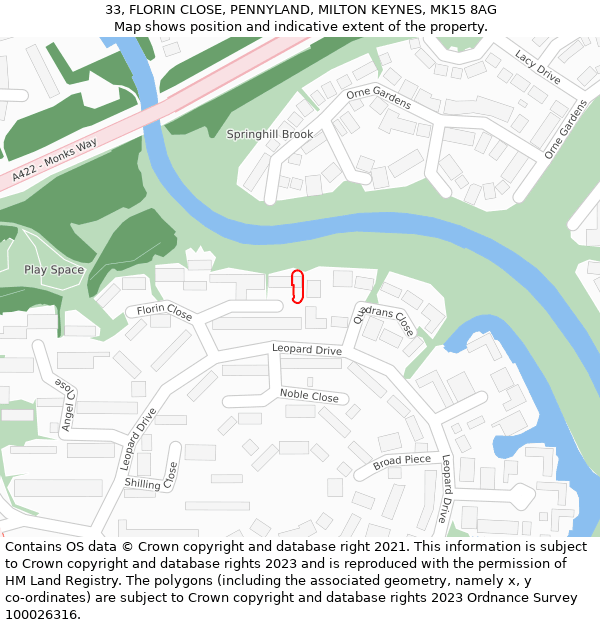 33, FLORIN CLOSE, PENNYLAND, MILTON KEYNES, MK15 8AG: Location map and indicative extent of plot