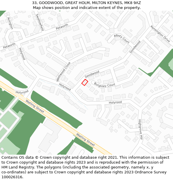 33, GOODWOOD, GREAT HOLM, MILTON KEYNES, MK8 9AZ: Location map and indicative extent of plot