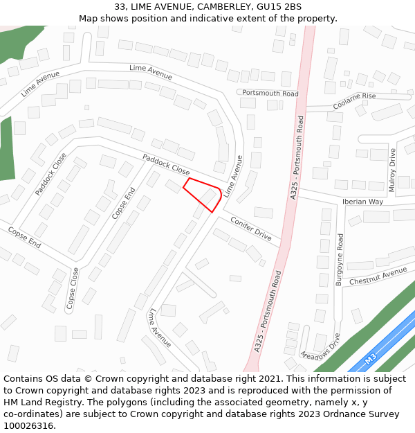33, LIME AVENUE, CAMBERLEY, GU15 2BS: Location map and indicative extent of plot