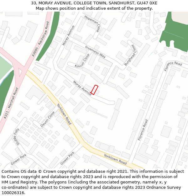 33, MORAY AVENUE, COLLEGE TOWN, SANDHURST, GU47 0XE: Location map and indicative extent of plot