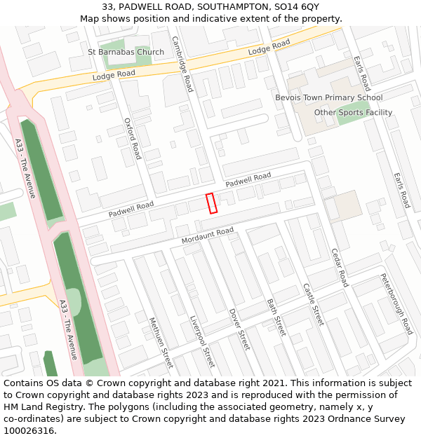 33, PADWELL ROAD, SOUTHAMPTON, SO14 6QY: Location map and indicative extent of plot