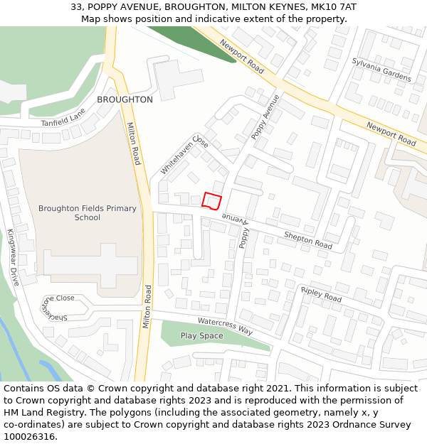 33, POPPY AVENUE, BROUGHTON, MILTON KEYNES, MK10 7AT: Location map and indicative extent of plot