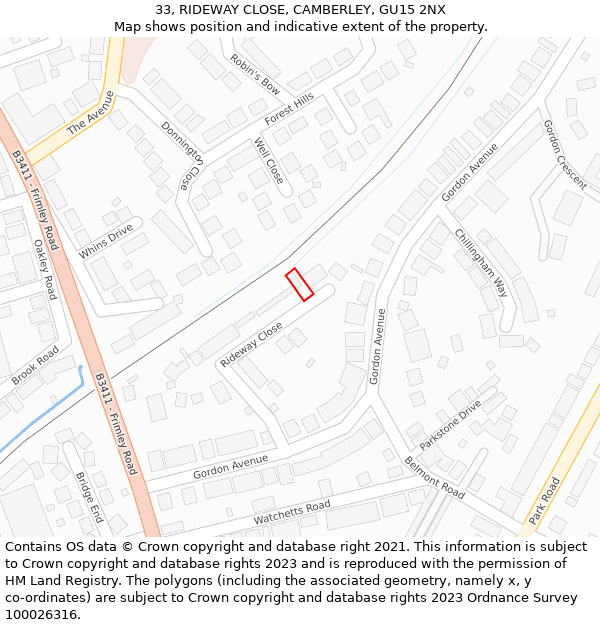 33, RIDEWAY CLOSE, CAMBERLEY, GU15 2NX: Location map and indicative extent of plot