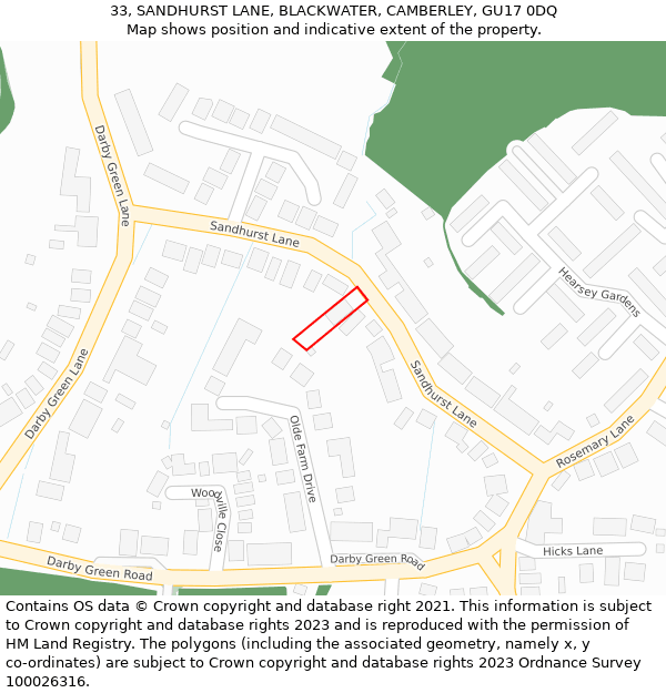 33, SANDHURST LANE, BLACKWATER, CAMBERLEY, GU17 0DQ: Location map and indicative extent of plot