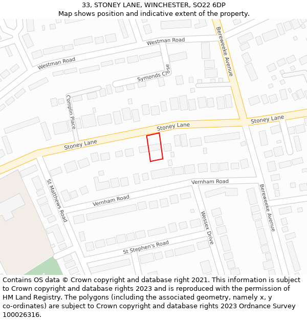 33, STONEY LANE, WINCHESTER, SO22 6DP: Location map and indicative extent of plot