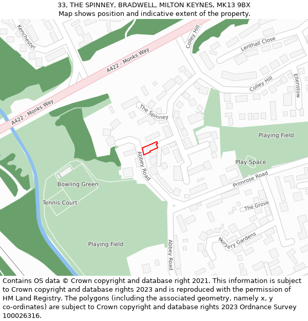 33, THE SPINNEY, BRADWELL, MILTON KEYNES, MK13 9BX: Location map and indicative extent of plot