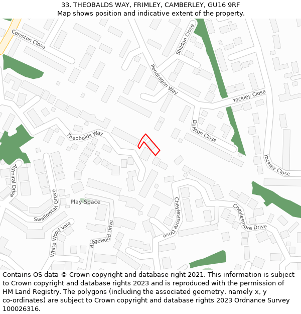 33, THEOBALDS WAY, FRIMLEY, CAMBERLEY, GU16 9RF: Location map and indicative extent of plot