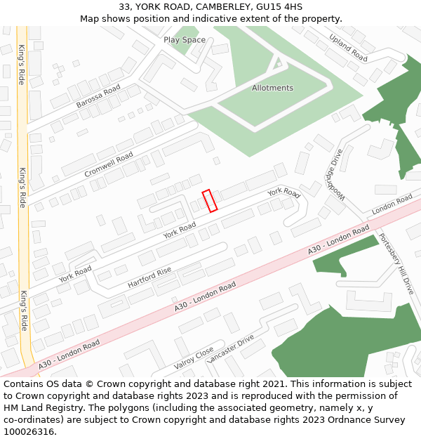 33, YORK ROAD, CAMBERLEY, GU15 4HS: Location map and indicative extent of plot