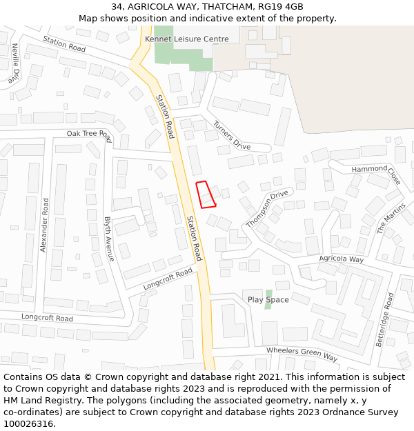 34, AGRICOLA WAY, THATCHAM, RG19 4GB: Location map and indicative extent of plot