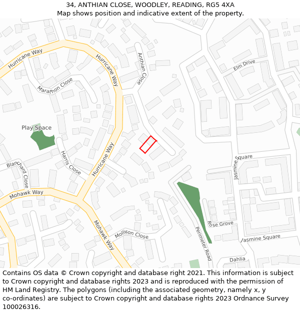 34, ANTHIAN CLOSE, WOODLEY, READING, RG5 4XA: Location map and indicative extent of plot