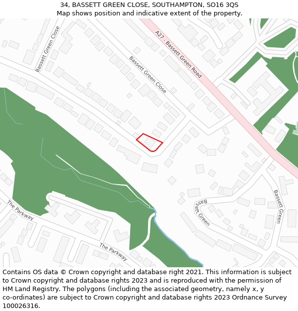 34, BASSETT GREEN CLOSE, SOUTHAMPTON, SO16 3QS: Location map and indicative extent of plot