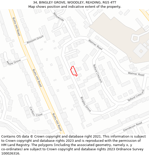 34, BINGLEY GROVE, WOODLEY, READING, RG5 4TT: Location map and indicative extent of plot