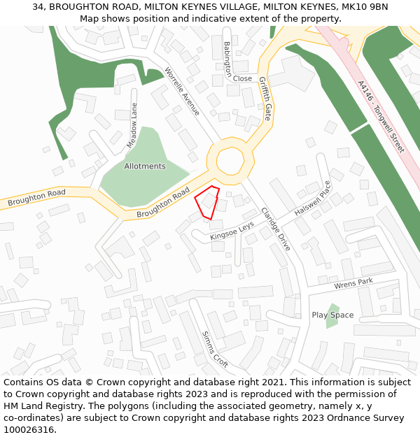 34, BROUGHTON ROAD, MILTON KEYNES VILLAGE, MILTON KEYNES, MK10 9BN: Location map and indicative extent of plot