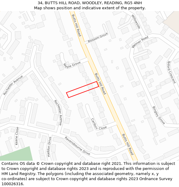 34, BUTTS HILL ROAD, WOODLEY, READING, RG5 4NH: Location map and indicative extent of plot