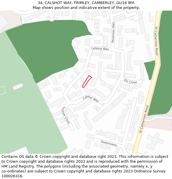 34, CALSHOT WAY, FRIMLEY, CAMBERLEY, GU16 9FA: Location map and indicative extent of plot