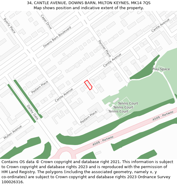 34, CANTLE AVENUE, DOWNS BARN, MILTON KEYNES, MK14 7QS: Location map and indicative extent of plot