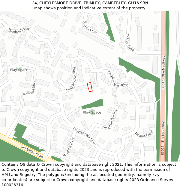 34, CHEYLESMORE DRIVE, FRIMLEY, CAMBERLEY, GU16 9BN: Location map and indicative extent of plot