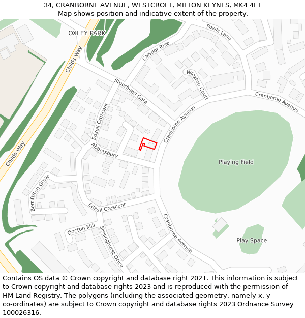 34, CRANBORNE AVENUE, WESTCROFT, MILTON KEYNES, MK4 4ET: Location map and indicative extent of plot