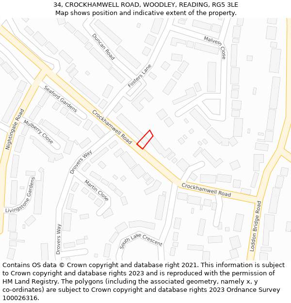 34, CROCKHAMWELL ROAD, WOODLEY, READING, RG5 3LE: Location map and indicative extent of plot