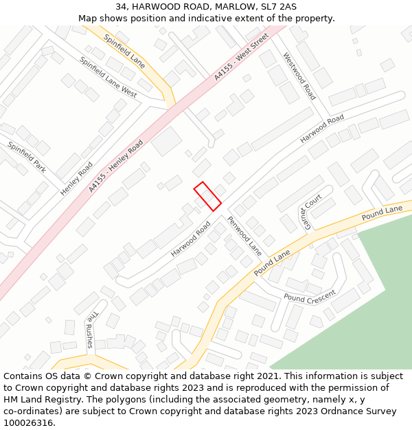 34, HARWOOD ROAD, MARLOW, SL7 2AS: Location map and indicative extent of plot