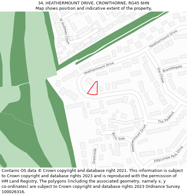 34, HEATHERMOUNT DRIVE, CROWTHORNE, RG45 6HN: Location map and indicative extent of plot