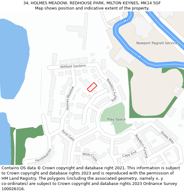 34, HOLMES MEADOW, REDHOUSE PARK, MILTON KEYNES, MK14 5GF: Location map and indicative extent of plot