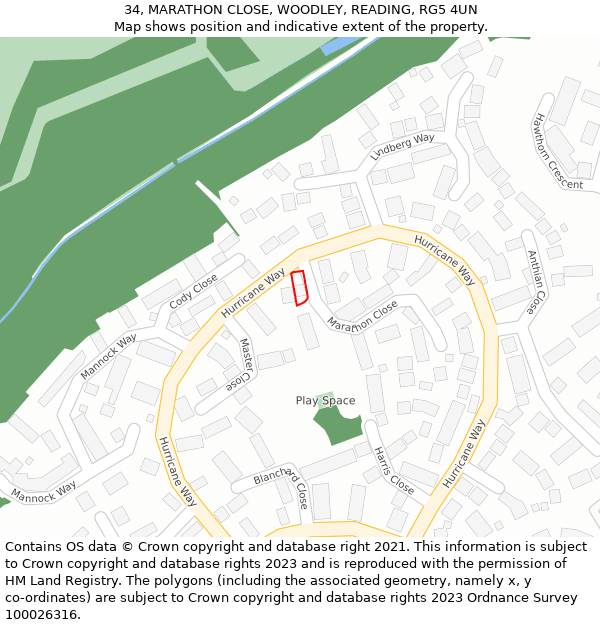 34, MARATHON CLOSE, WOODLEY, READING, RG5 4UN: Location map and indicative extent of plot