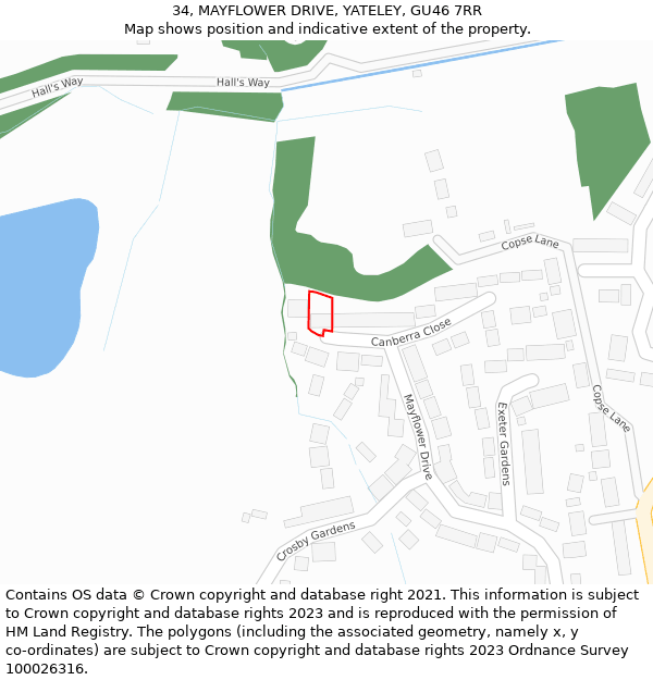 34, MAYFLOWER DRIVE, YATELEY, GU46 7RR: Location map and indicative extent of plot