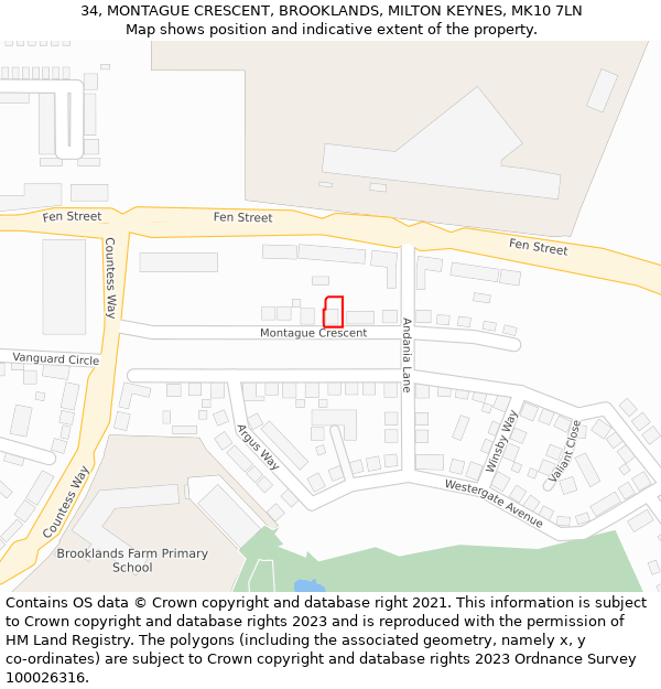 34, MONTAGUE CRESCENT, BROOKLANDS, MILTON KEYNES, MK10 7LN: Location map and indicative extent of plot