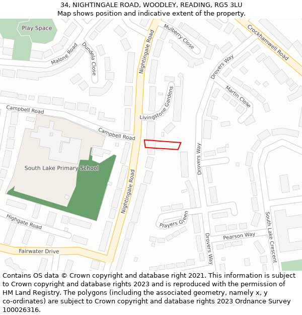 34, NIGHTINGALE ROAD, WOODLEY, READING, RG5 3LU: Location map and indicative extent of plot