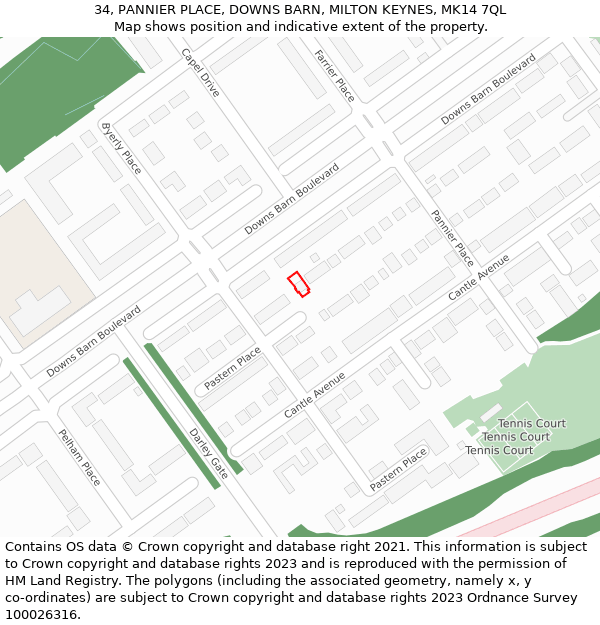 34, PANNIER PLACE, DOWNS BARN, MILTON KEYNES, MK14 7QL: Location map and indicative extent of plot